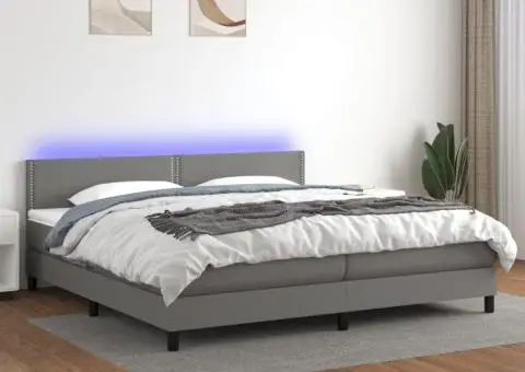 Pat cu arcuri, saltea și LED, gri închis, 200x200 cm, textil - 1/5