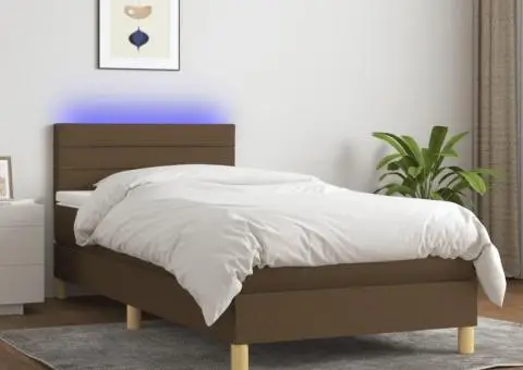 Pat cu arcuri, saltea și LED, maro închis, 90x190 cm, textil - 1/5