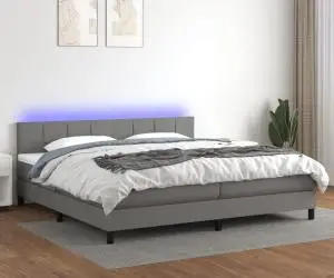 Pat cu arcuri, saltea și LED, gri închis, 200x200 cm, textil