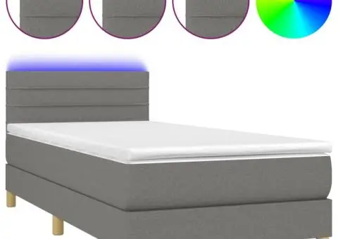 Pat cu arcuri, saltea și LED, gri închis, 100x200 cm, textil - 2/5