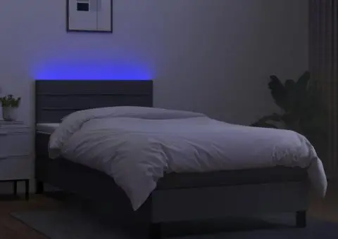 Pat cu arcuri, saltea și LED, gri închis, 90x200 cm, textil - 4/5