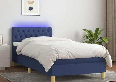 Pat cu arcuri, saltea și LED, albastru, 90x190 cm, textil - 1/5