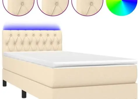 Pat cu arcuri, saltea și LED, crem, 90x190 cm, textil - 2/5