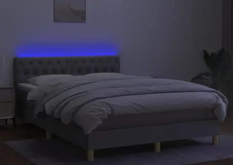 Pat cu arcuri, saltea și LED, gri deschis, 140x190 cm, textil - 4/5