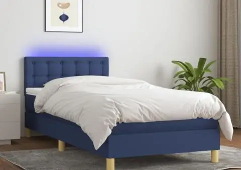 Pat cu arcuri, saltea și LED, albastru, 90x190 cm, textil - 1/5