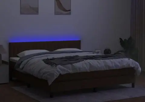 Pat cu arcuri, saltea și LED, maro închis, 180x200 cm, textil - 4/5