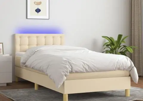 Pat cu arcuri, saltea și LED, crem, 80x200 cm, textil - 1/5