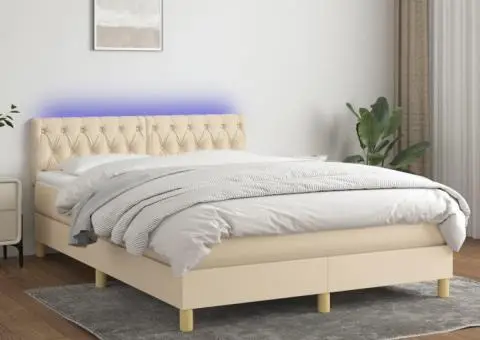 Pat cu arcuri, saltea și LED, crem, 140x190 cm, textil - 1/5