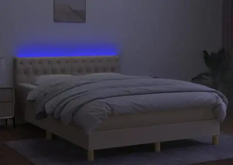 Pat cu arcuri, saltea și LED, crem, 140x190 cm, textil - 4/5