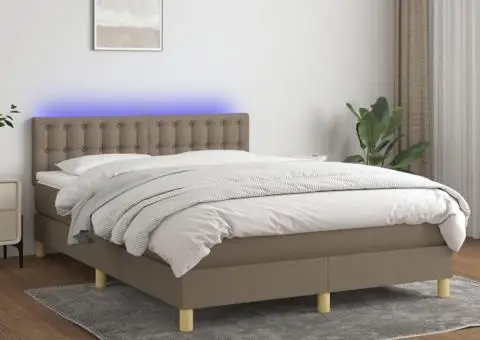 Pat cu arcuri, saltea și LED, gri taupe, 140x200 cm, textil - 1/5