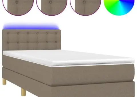 Pat cu arcuri, saltea și LED, gri taupe, 90x190 cm, textil - 2/5