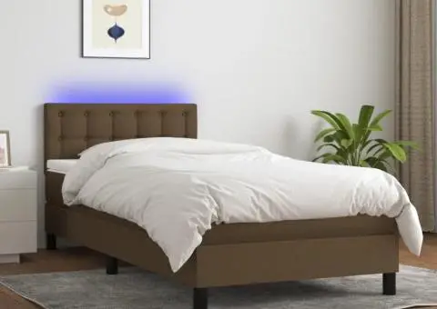 Pat cu arcuri, saltea și LED, maro închis, 80x200 cm, textil - 1/5