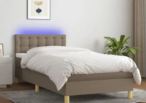 Pat cu arcuri, saltea și LED, Gri taupe, 100x200 cm, textil - 1/5