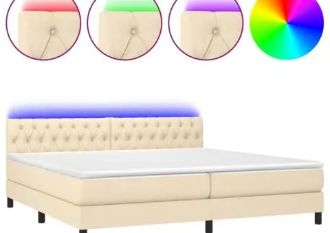 Pat cu arcuri, saltea și LED, crem, 200x200 cm, textil - 2/5