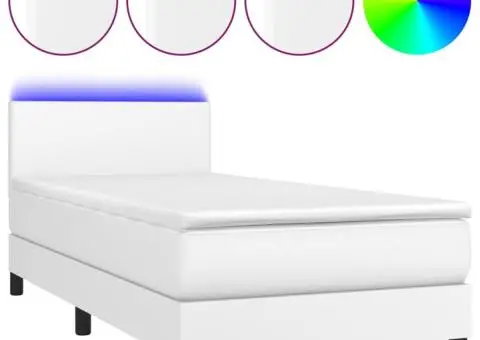 Pat cu arcuri, saltea și LED, alb, 90x190 cm, piele ecologică - 2/5