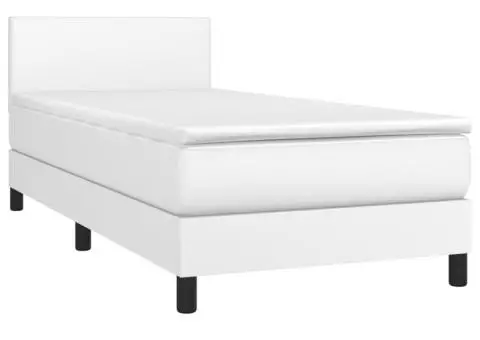 Pat cu arcuri, saltea și LED, alb, 90x190 cm, piele ecologică - 3/5