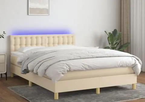 Pat cu arcuri, saltea și LED, crem, 140x190 cm, textil - 1/5