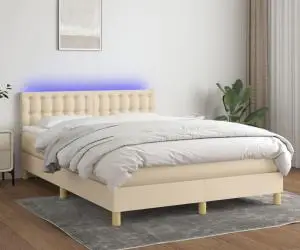 vidaXL Pat cu arcuri, saltea și LED, crem, 140x190 cm, textil