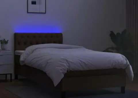 Pat cu arcuri, saltea și LED, maro închis, 100x200 cm, textil - 4/5