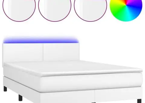 Pat cu arcuri, saltea și LED, alb, 140x200 cm, piele eco - 2/5