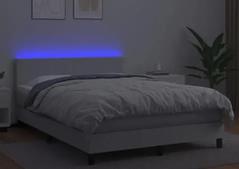 Pat cu arcuri, saltea și LED, alb, 140x200 cm, piele eco - 4/5