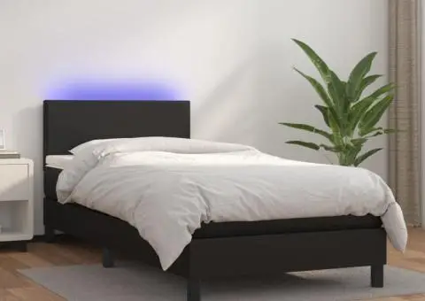 Pat cu arcuri, saltea și LED, negru, 90x200 cm, piele ecologică - 1/5