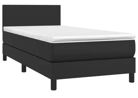 Pat cu arcuri, saltea și LED, negru, 90x200 cm, piele ecologică - 3/5