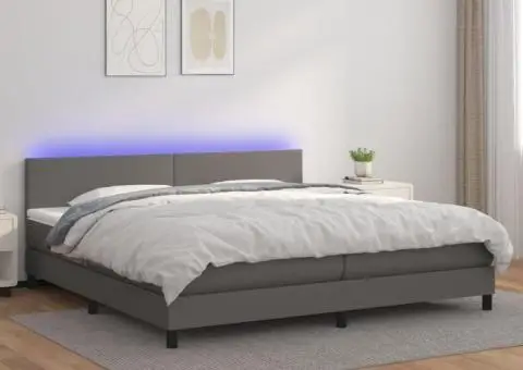 Pat cu arcuri, saltea și LED, gri, 200x200 cm, piele ecologică - 1/5