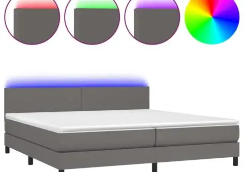 Pat cu arcuri, saltea și LED, gri, 200x200 cm, piele ecologică - 2/5