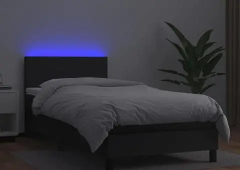 Pat continental cu saltea & LED, negru, 80x200 cm, piele eco - 4/5