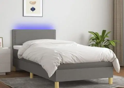 Pat cu arcuri, saltea și LED, gri închis, 90x200 cm, textil - 1/5