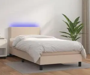 vidaXL Pat cu arcuri, cu saltea și LED, cappuccino 90x200 cm piele eco