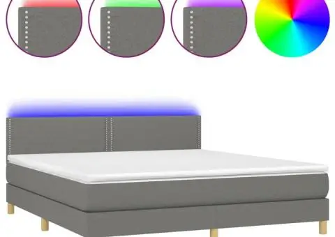 Pat cu arcuri, saltea și LED, gri închis, 160x200 cm, textil - 2/5