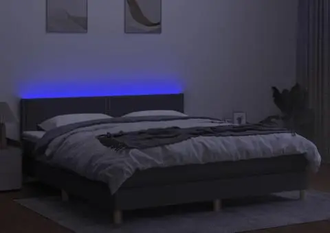 Pat cu arcuri, saltea și LED, gri închis, 160x200 cm, textil - 3/5