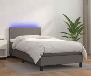 Pat continental cu saltea și LED, gri, 80x200 cm, piele eco