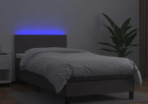 Pat continental cu saltea și LED, gri, 80x200 cm, piele eco - 4/5