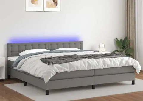 Pat cu arcuri, saltea și LED, gri închis, 200x200 cm, textil - 1/5