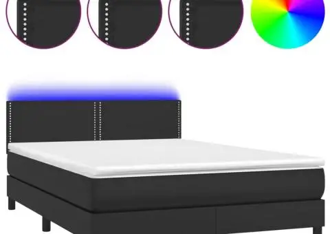 Pat continental cu saltea & LED, negru, 140x190 cm, piele eco - 2/5