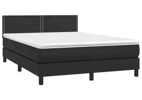 Pat continental cu saltea & LED, negru, 140x190 cm, piele eco - 3/5