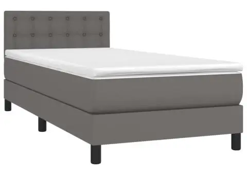 Pat cu arcuri, saltea și LED, gri, 90x190 cm, piele ecologică - 3/5