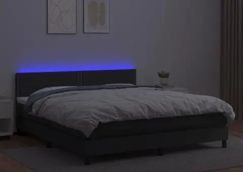 Pat cu arcuri, saltea și LED, negru, 160x200cm, piele ecologică - 4/5