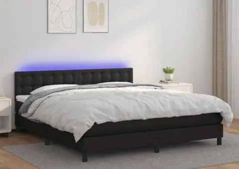 Pat cu arcuri, saltea și LED, negru, 180x200cm, piele ecologică - 1/5