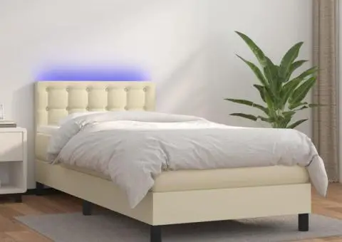 Pat cu arcuri, saltea și LED, crem, 100x200 cm, piele ecologică - 1/5