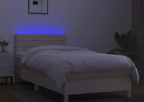 Pat cu arcuri, saltea și LED, crem, 90x190 cm, textil - 4/5