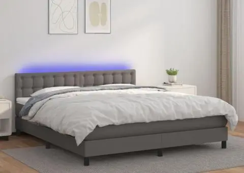 Pat cu arcuri, saltea și LED, gri, 160x200 cm, piele ecologică - 1/5