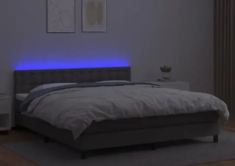 Pat cu arcuri, saltea și LED, gri, 160x200 cm, piele ecologică - 4/5