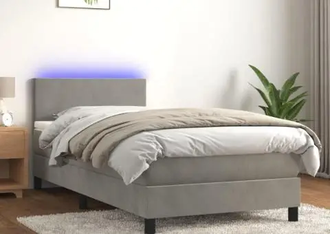 Pat continental cu saltea & LED, gri deschis, 80x200 cm catifea - 1/5