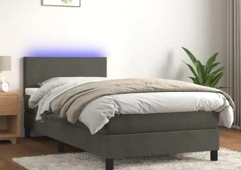 Pat cu arcuri, saltea și LED, gri închis, 90x190 cm, catifea - 1/5