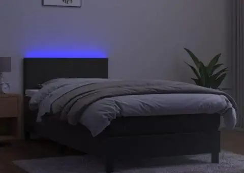 Pat cu arcuri, saltea și LED, gri închis, 90x190 cm, catifea - 4/5