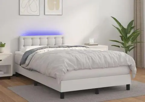 Pat cu arcuri, saltea și LED, alb, 120x200 cm, piele ecologică - 1/5